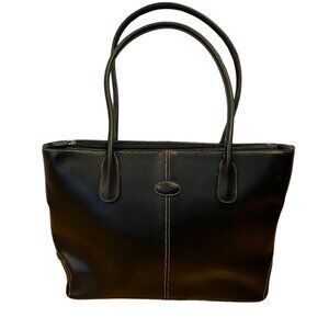 TODS Black Leather Zip Top Tote